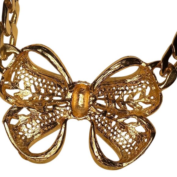 RARE Vintage 70s Gold Tone Bow Necklace Chunky Choker Rhinestone Pearls Filigree - Picture 9 of 9